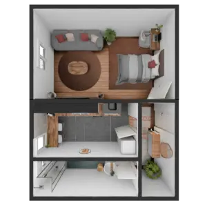 3D Modell einer möblierte 1 Zimmer Wohnung