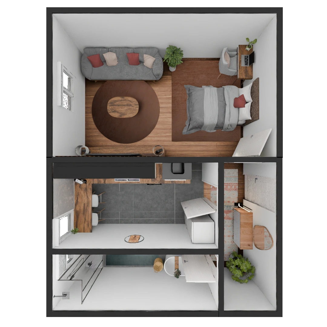 3D Modell einer möblierte 1 Zimmer Wohnung