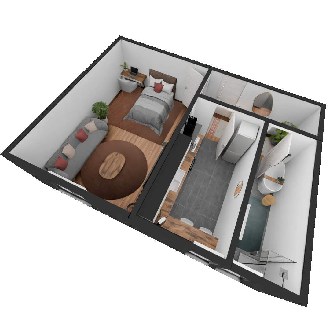 3D Modell einer möblierte 1 Zimmer Wohnung