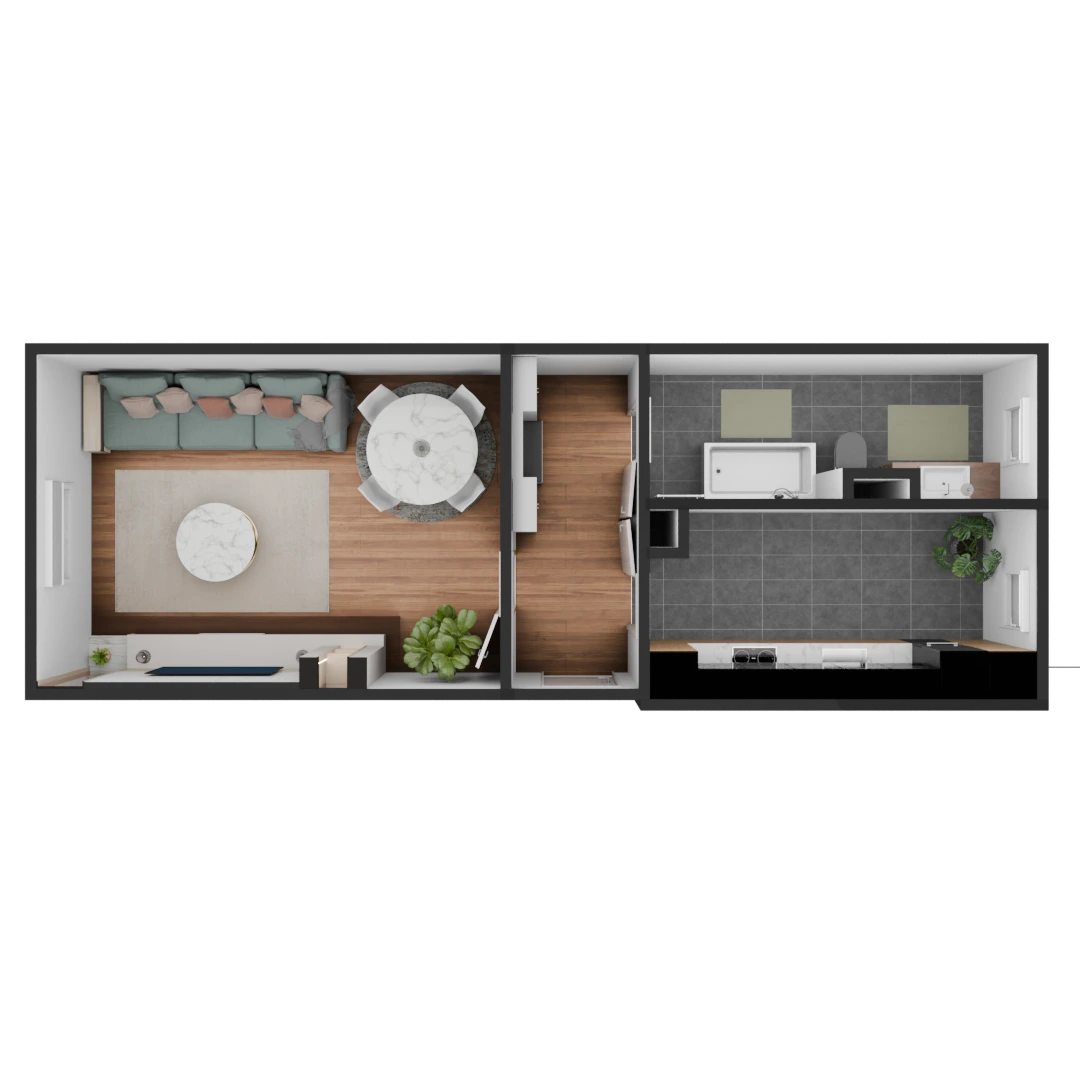 3D Modell einer möblierte 1 Zimmer Wohnung