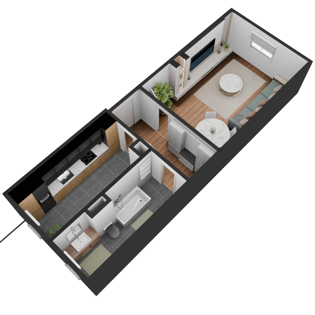 3D Modell einer möblierte 1 Zimmer Wohnung