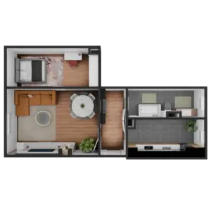 3D Modell einer möblierte 2 Zimmer Wohnung