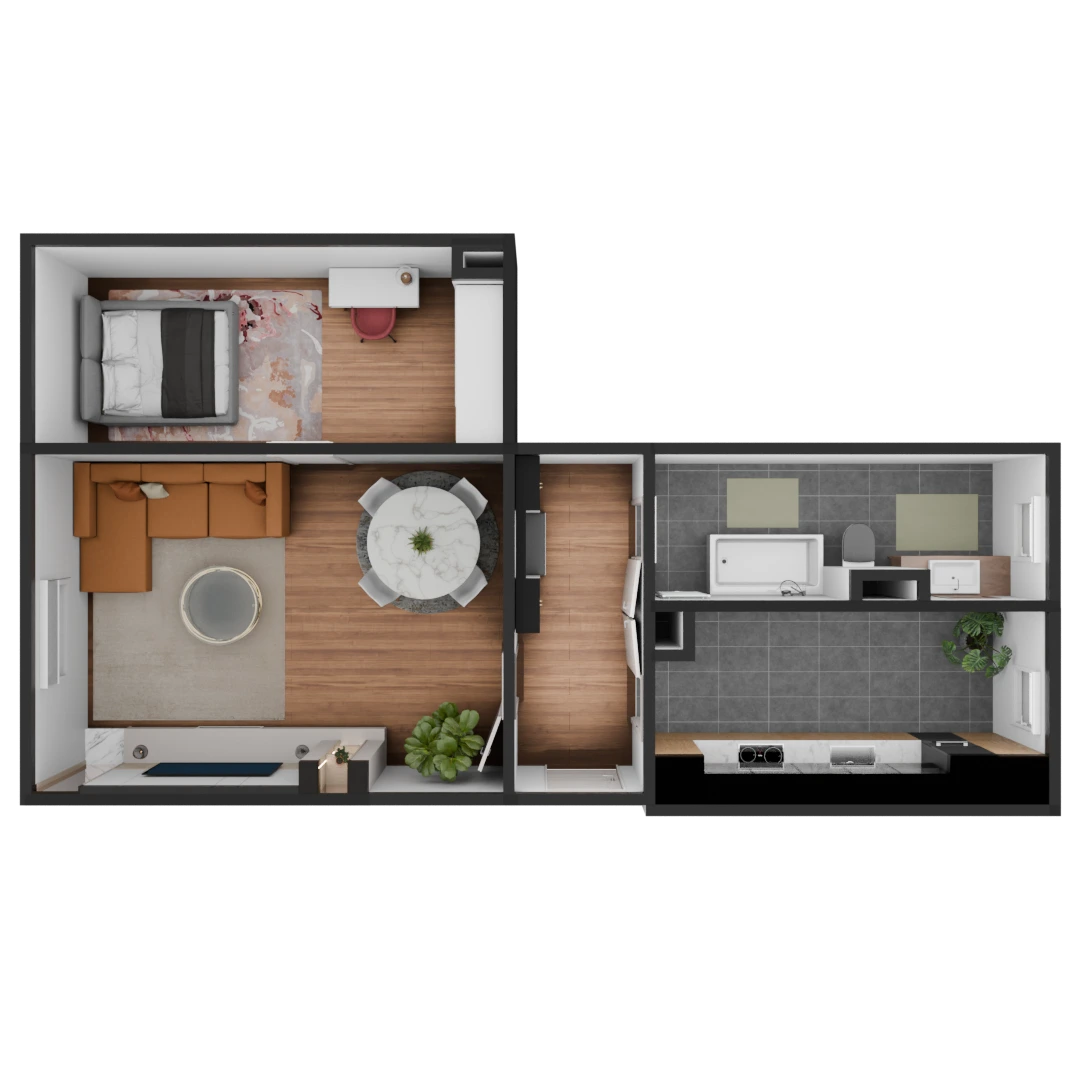 3D Modell einer möblierte 2 Zimmer Wohnung