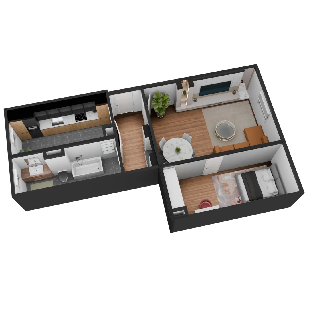 3D Modell einer möblierte 2 Zimmer Wohnung