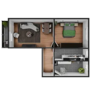 3D Modell einer möblierte 2 Zimmer Wohnung