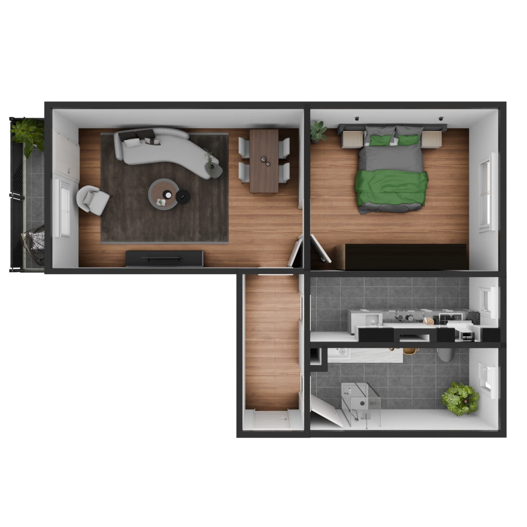 3D Modell einer möblierte 2 Zimmer Wohnung