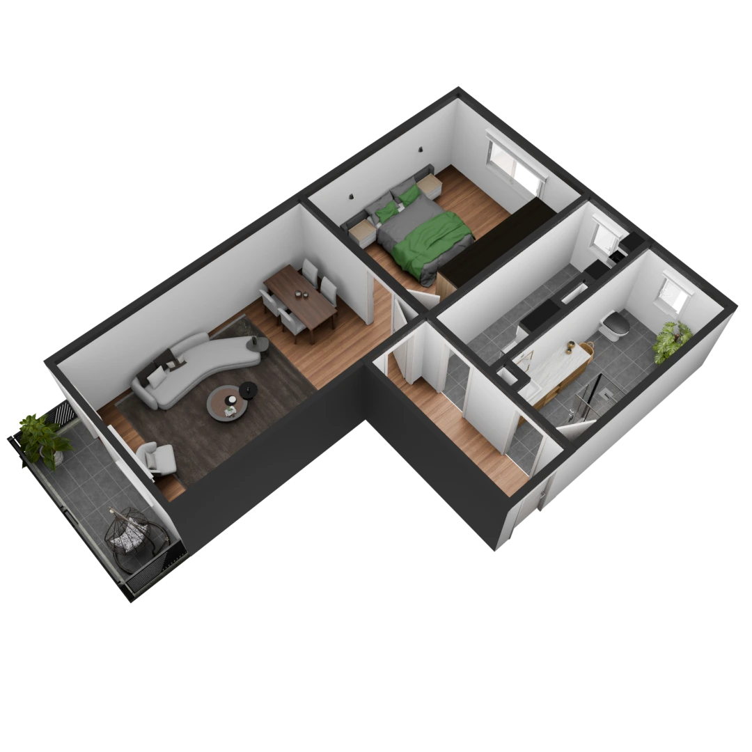 3D Modell einer möblierte 2 Zimmer Wohnung