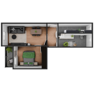 3D Modell einer möblierte 2 Zimmer Wohnung