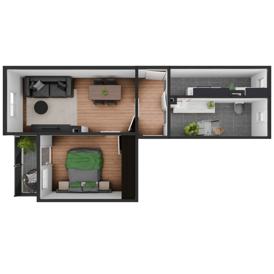 3D Modell einer möblierte 2 Zimmer Wohnung
