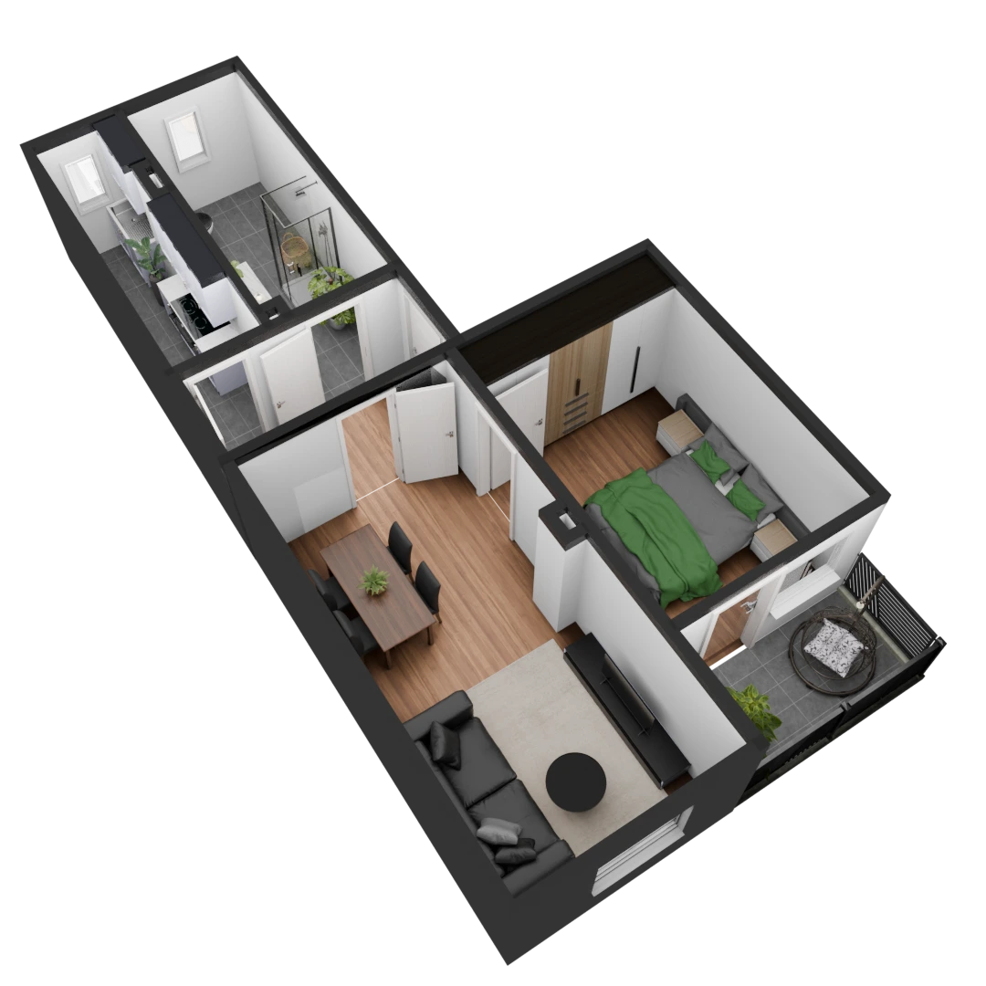 3D Modell einer möblierte 2 Zimmer Wohnung
