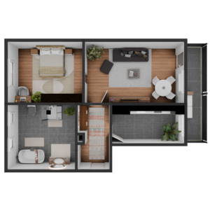 3D Modell einer möblierte 2 Zimmer Wohnung
