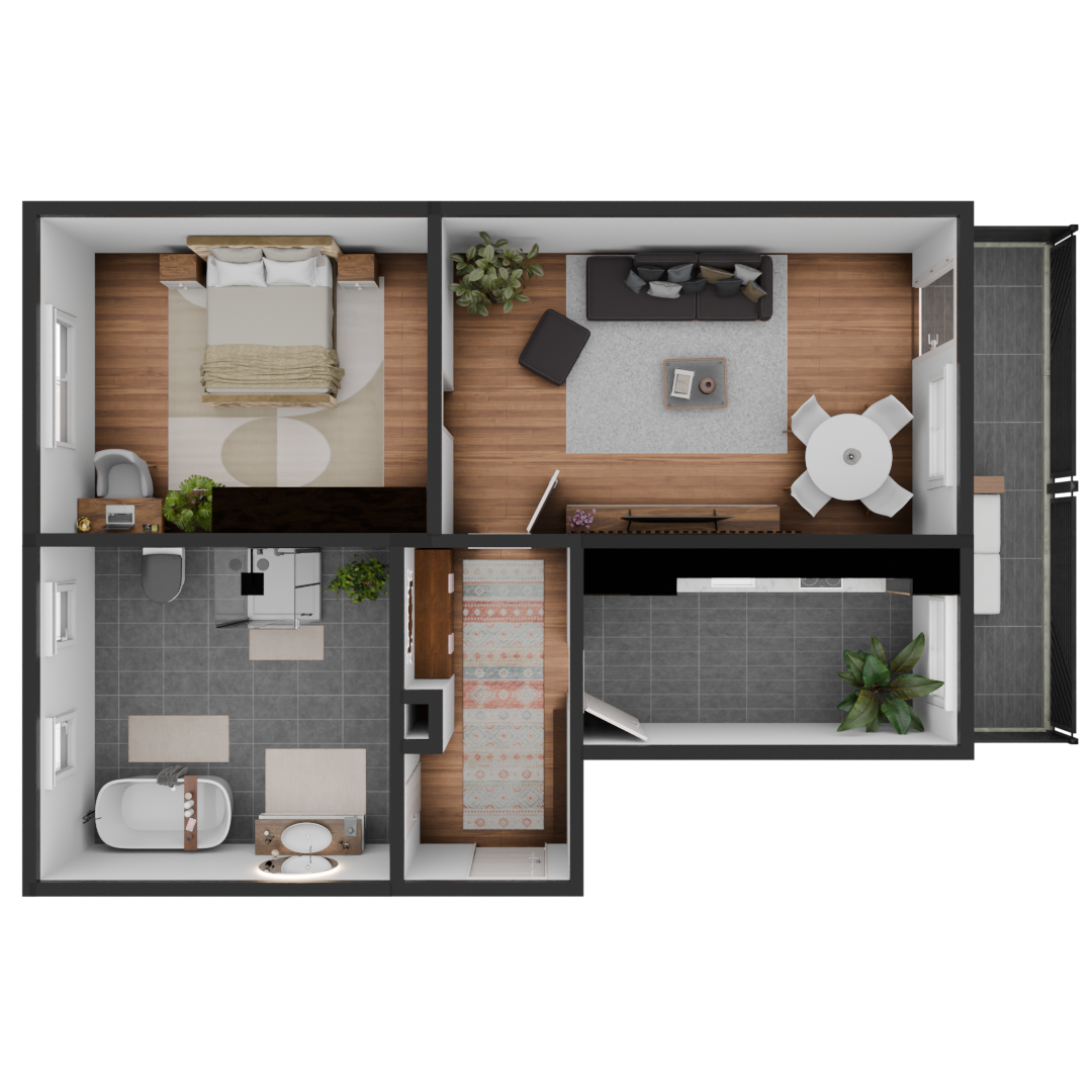 3D Modell einer möblierte 2 Zimmer Wohnung