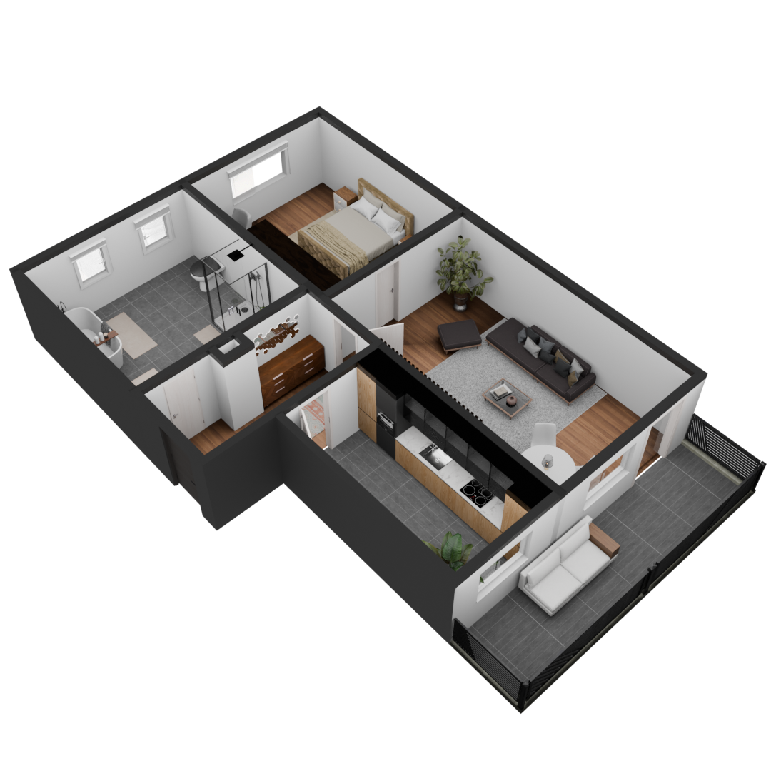 3D Modell einer möblierte 2 Zimmer Wohnung