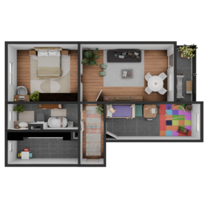 3D Modell einer möblierte 3 Zimmer Wohnung