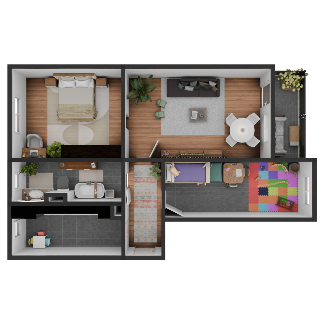 3D Modell einer möblierte 3 Zimmer Wohnung