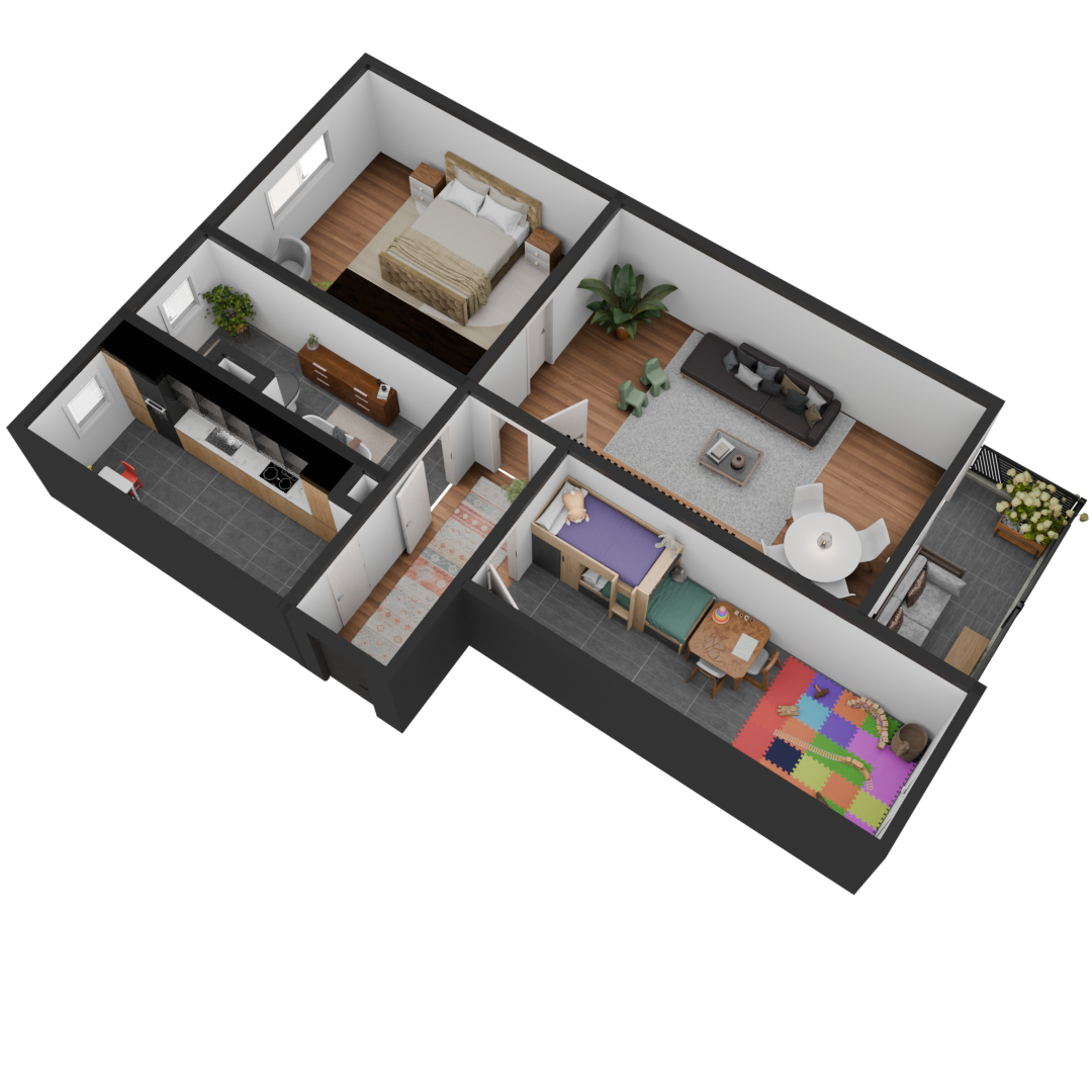 3D Modell einer möblierte 3 Zimmer Wohnung