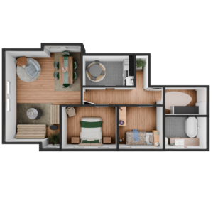 3D Modell einer möblierte 3 Zimmer Wohnung