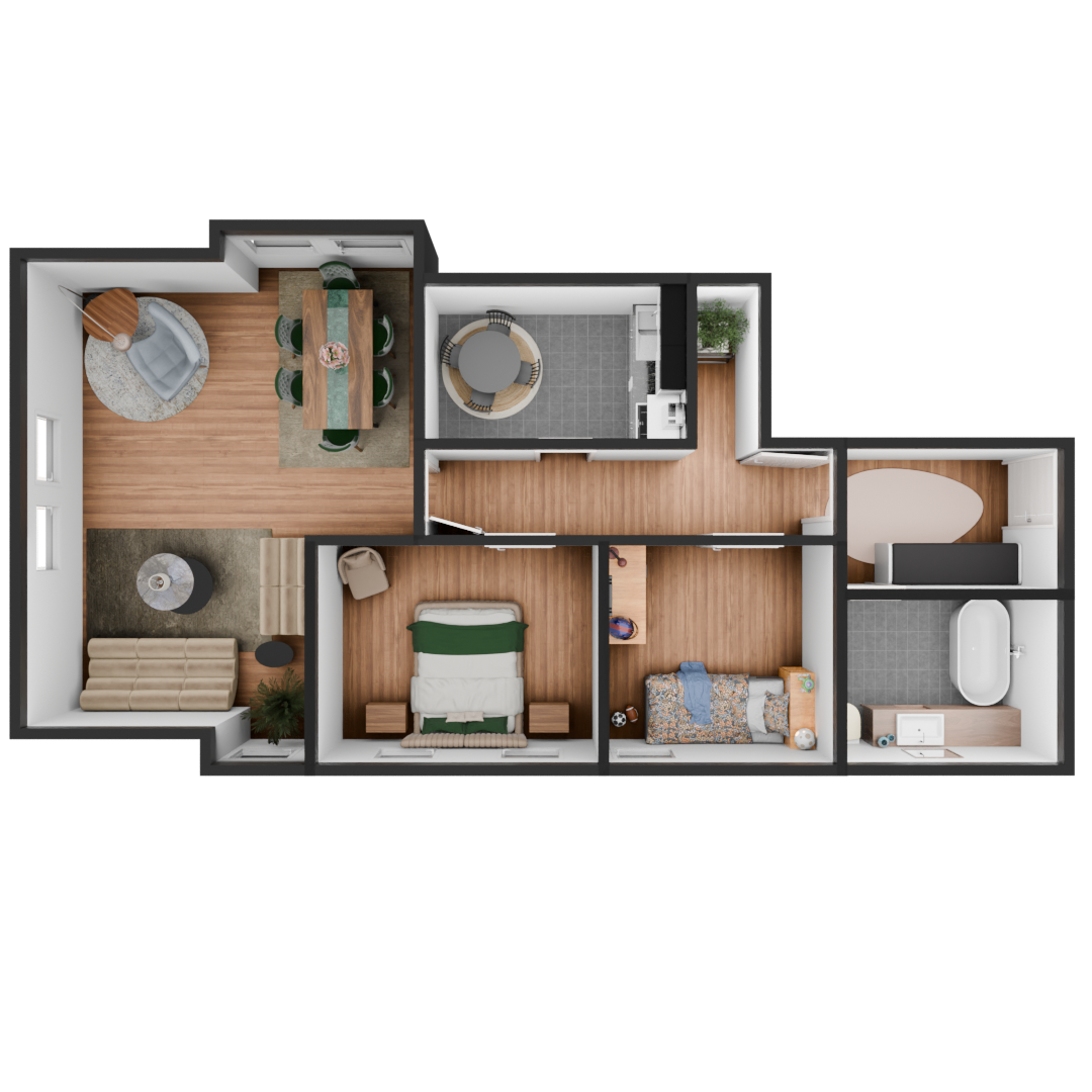 3D Modell einer möblierte 3 Zimmer Wohnung