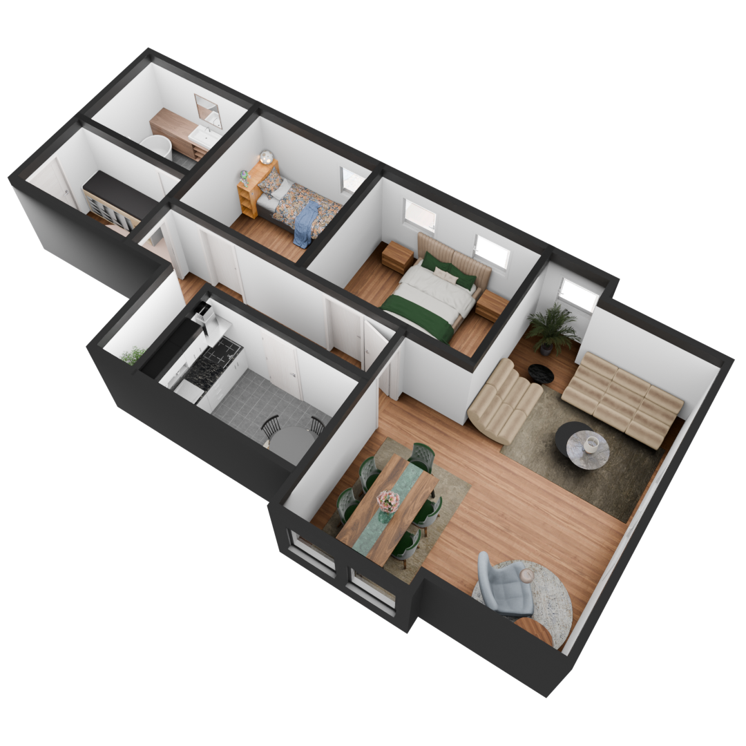 3D Modell einer möblierte 3 Zimmer Wohnung
