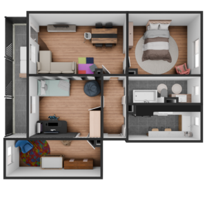 3D Modell einer möblierte 4 Zimmer Wohnung
