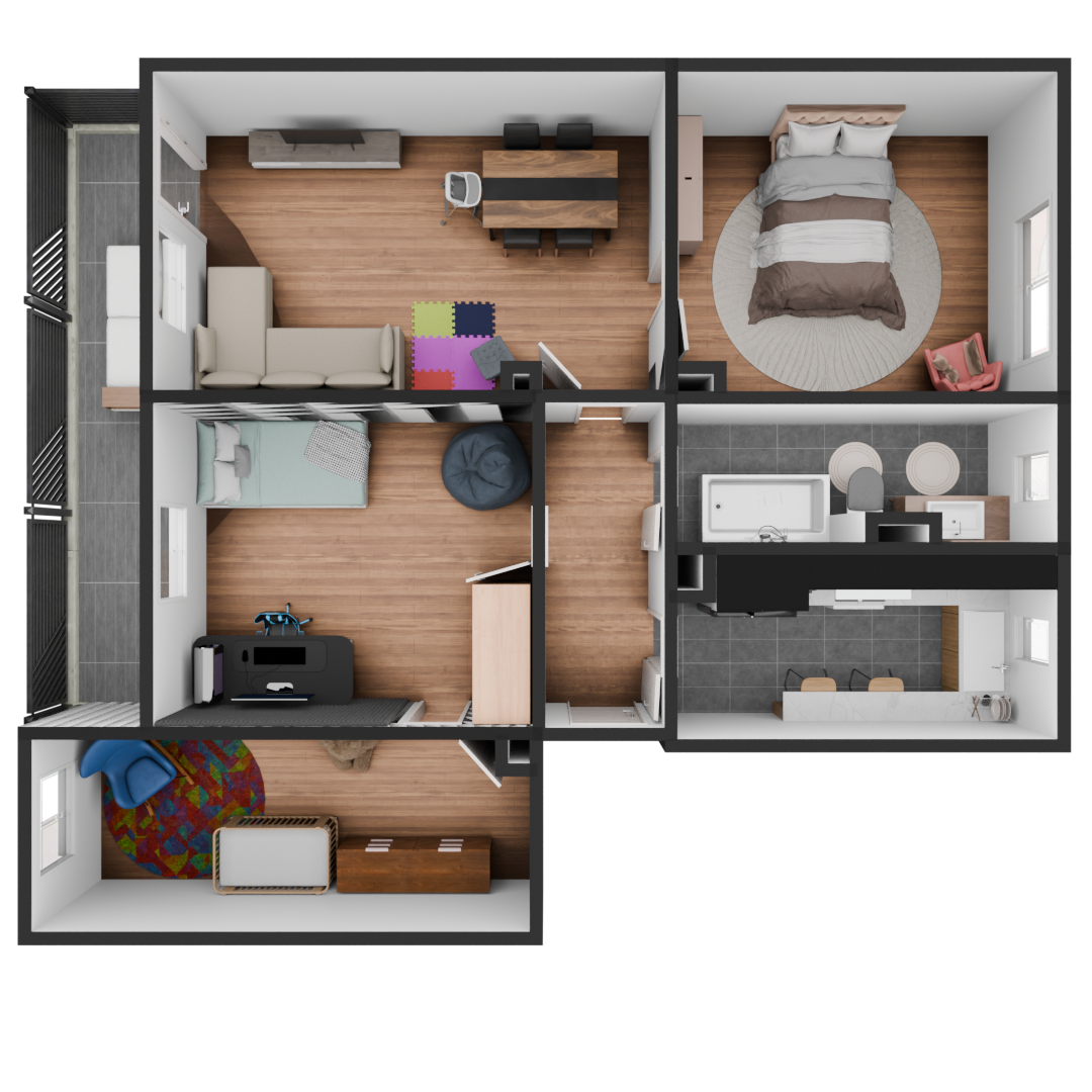 3D Modell einer möblierte 4 Zimmer Wohnung