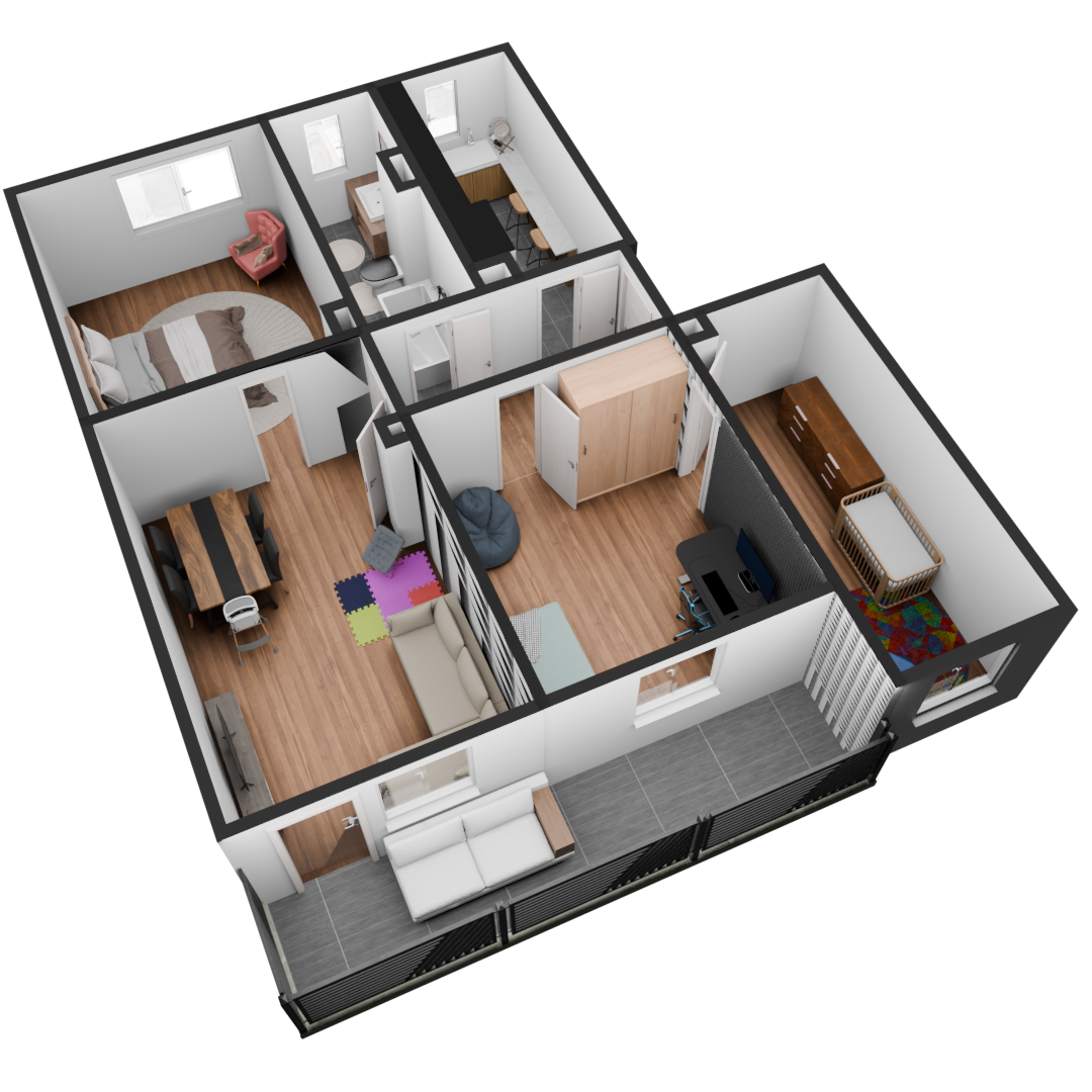 3D Modell einer möblierte 4 Zimmer Wohnung