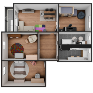 3D Modell einer möblierte 4 Zimmer Wohnung
